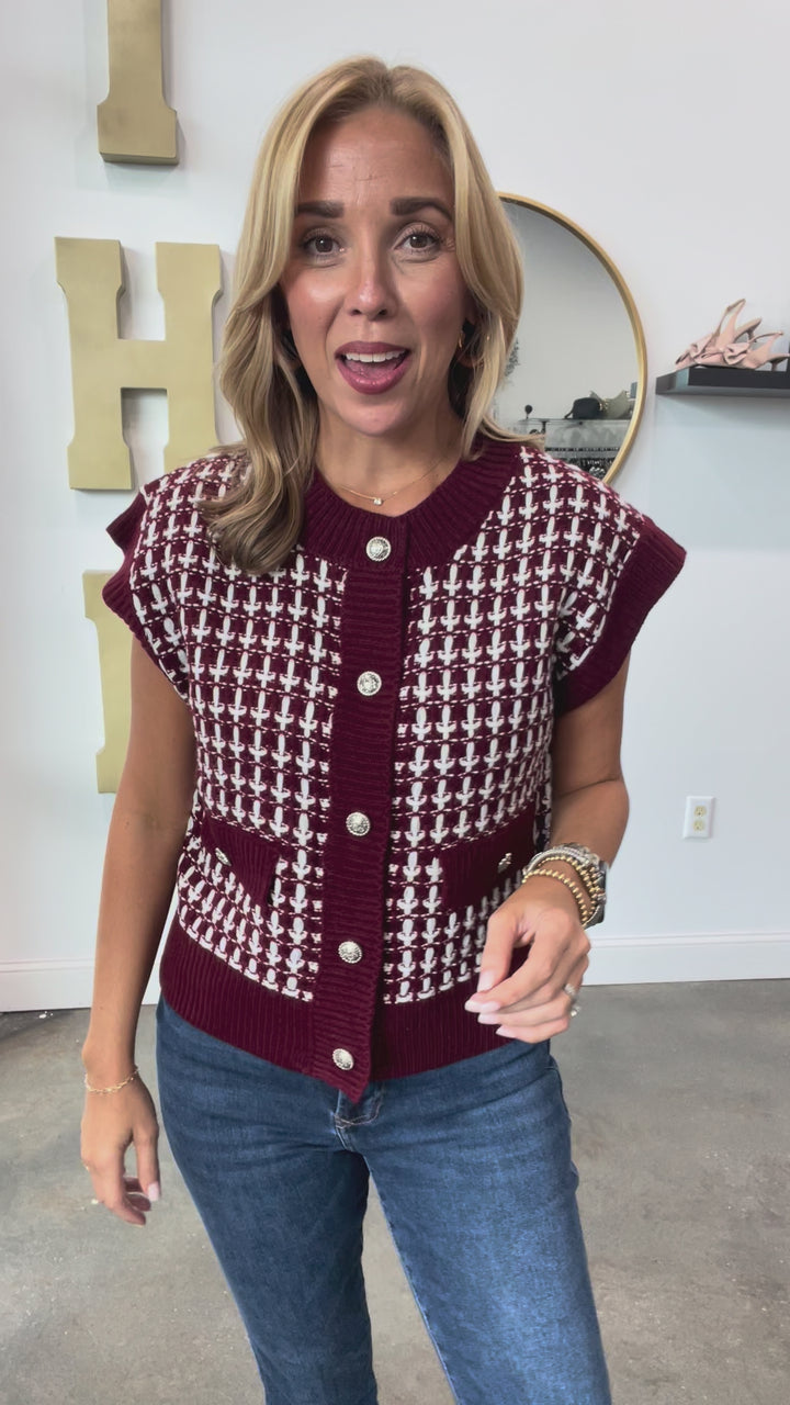 Button Front Sweater Vest - Burgundy