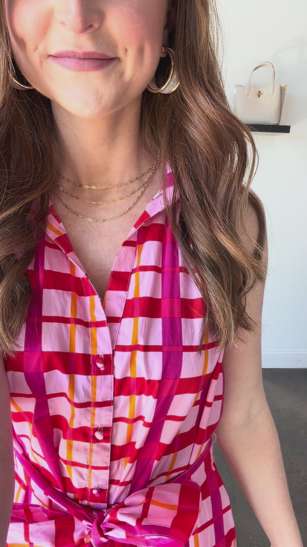 Tie Waist Checkered Dress - Pink