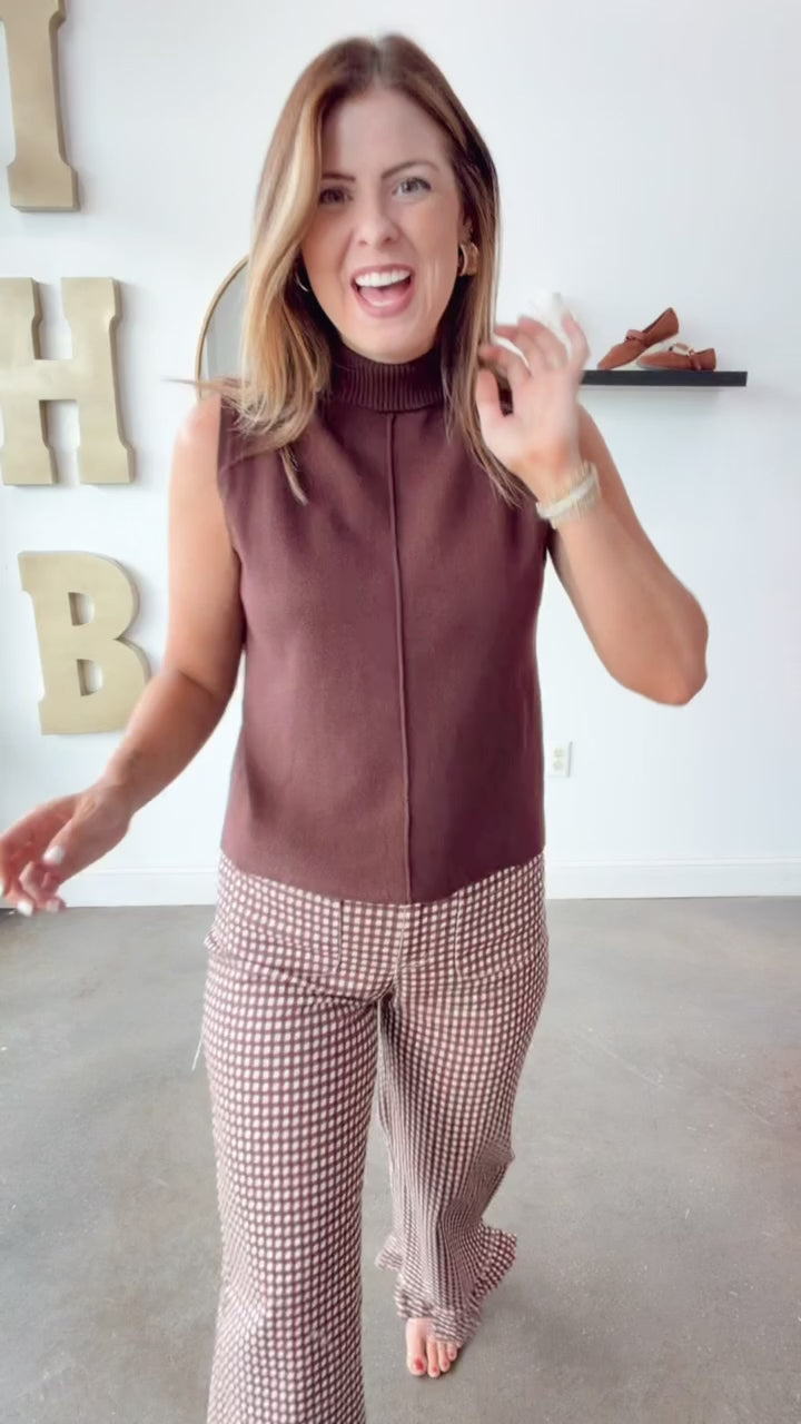 Ruffle Hem Gingham Pants - Brown