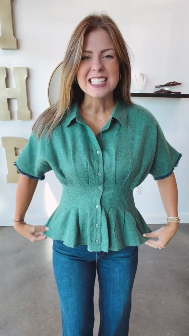 Pleated Waist Button Down Top - Green