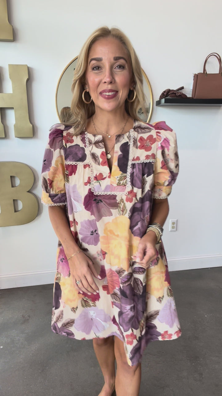 Lattice Trim Floral Dress