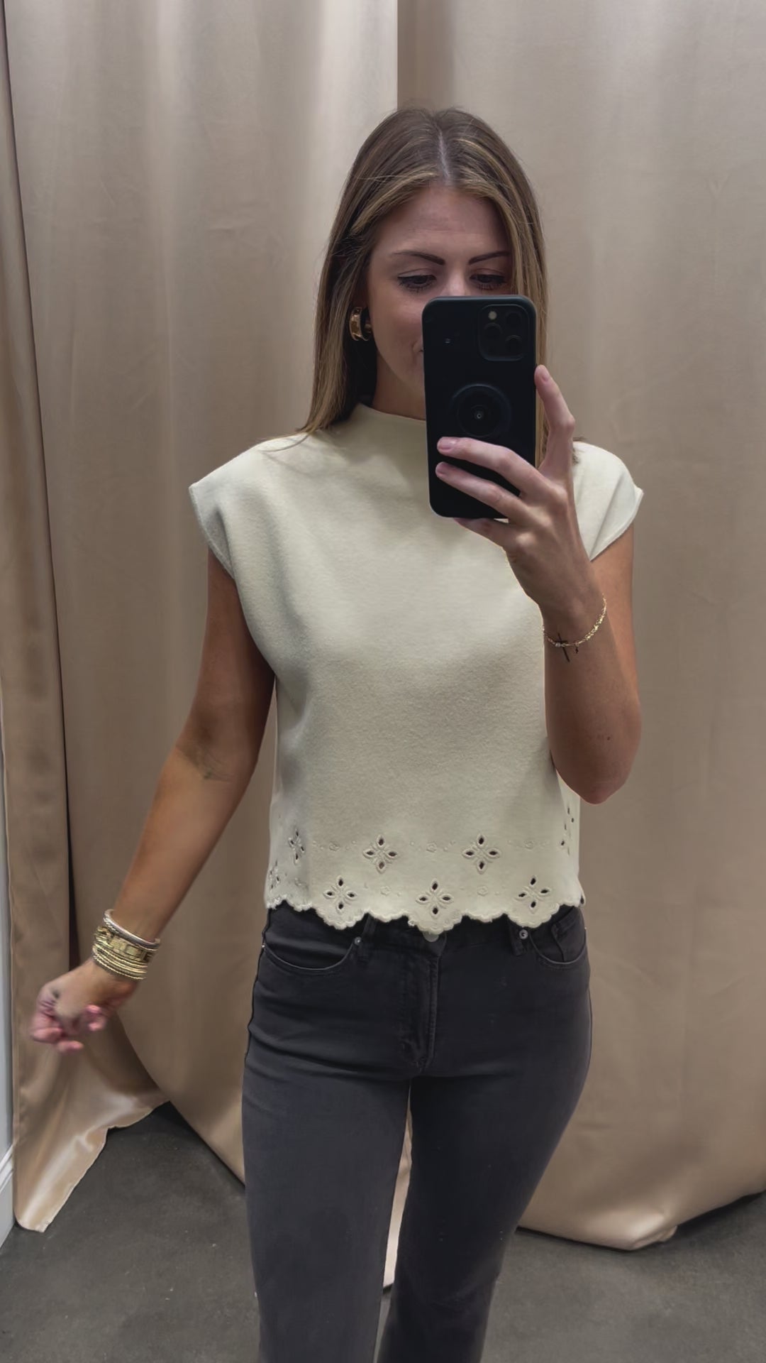 Eyelet Hem Sweater Top - Ecru