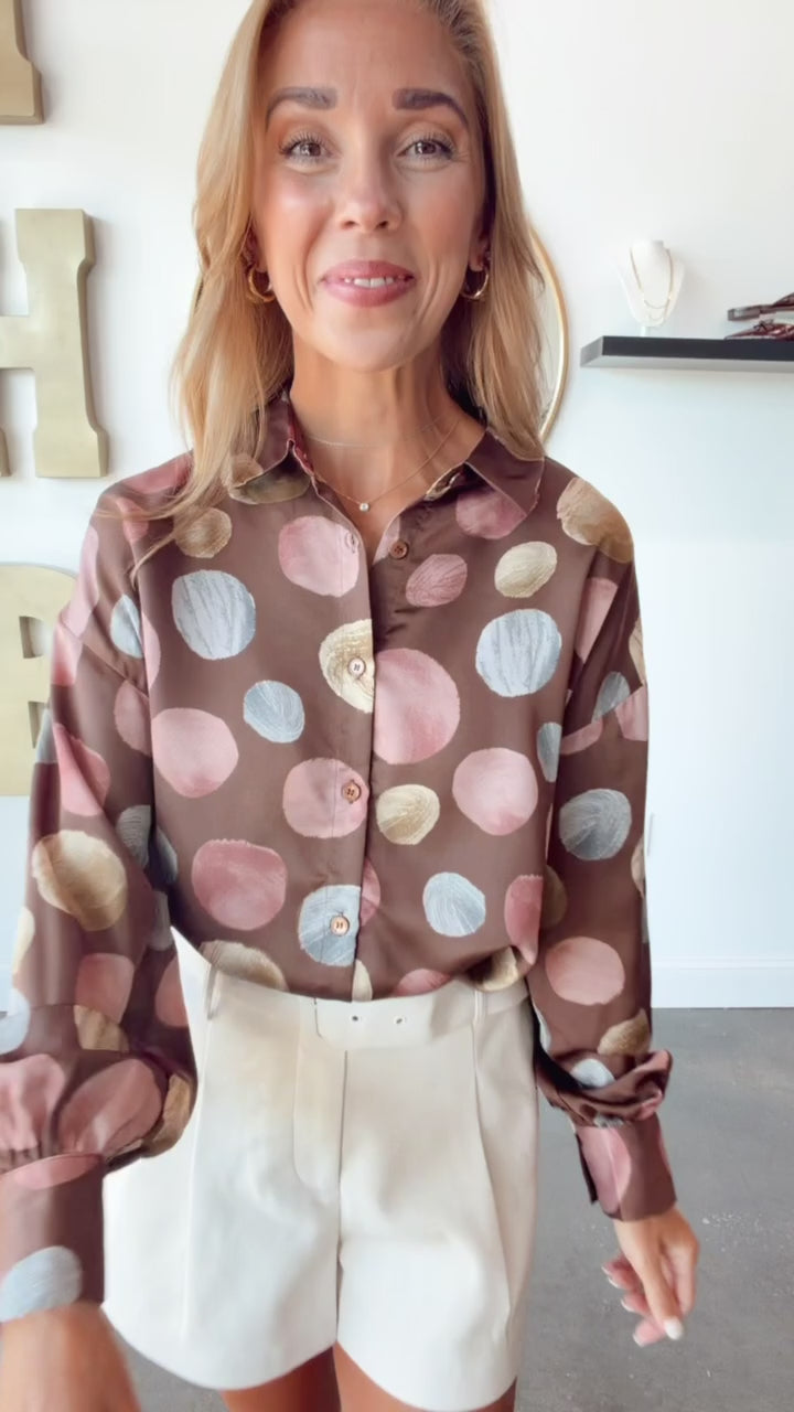 Polka Dot Print Satin Button Down - Brown