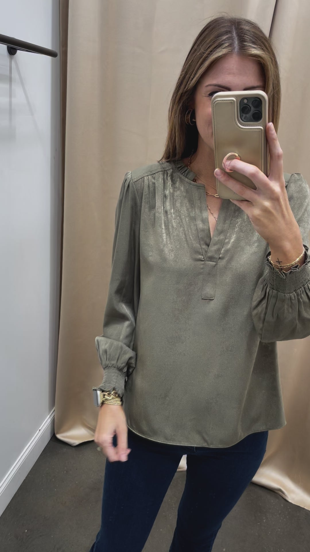 Split Neck Ruffle Blouse - Green