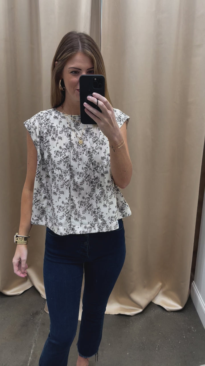 Floral Cap Sleeve Blouse - Ecru