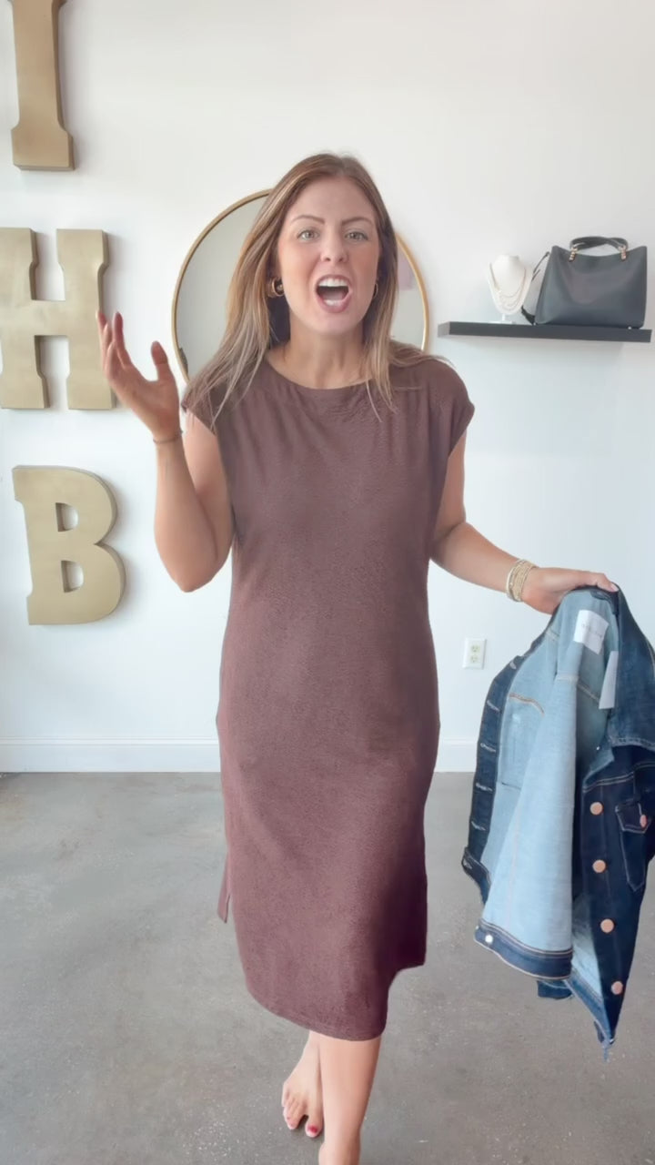 Textured Cap Sleeve Dress - Brown