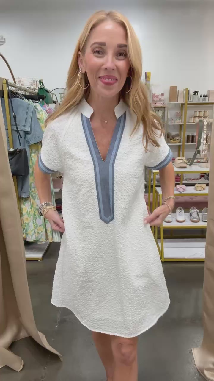 Contrast Trim Textured Dress - White