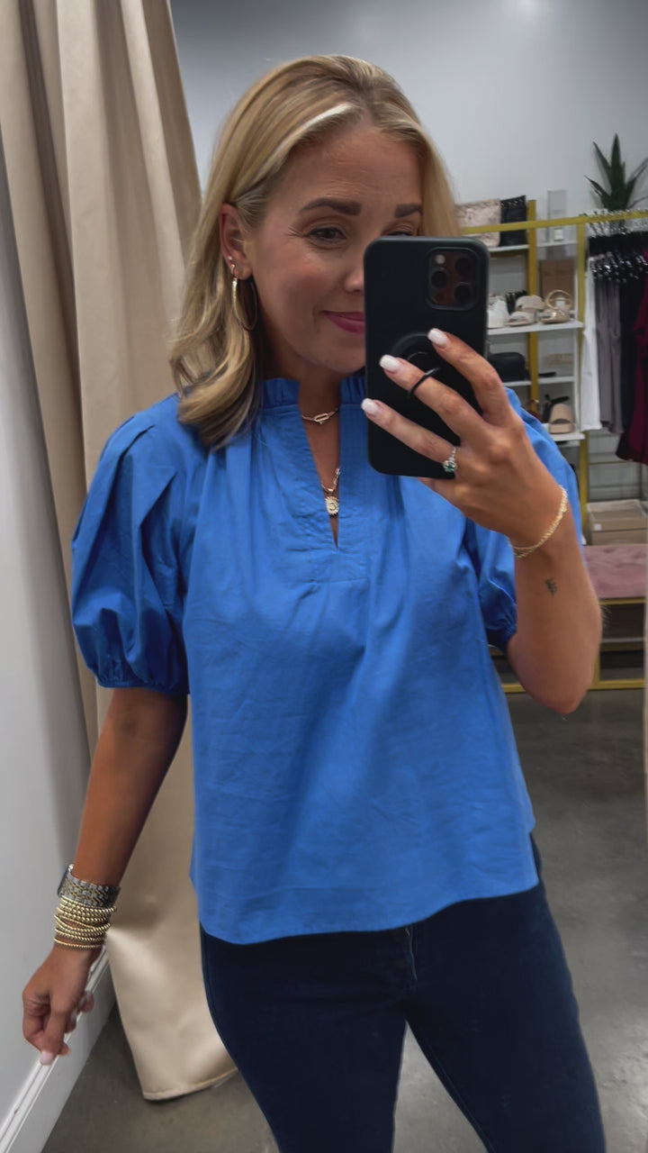 Puff Sleeve Cotton Top - Blue