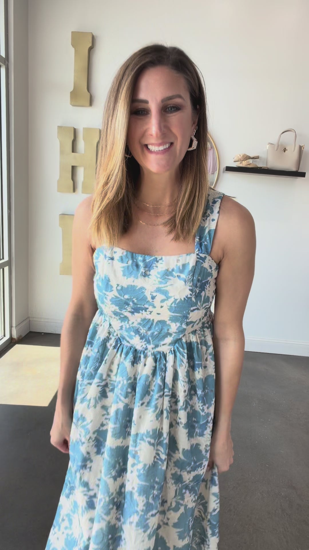 Floral Print Eyelet Midi Dress - Blue