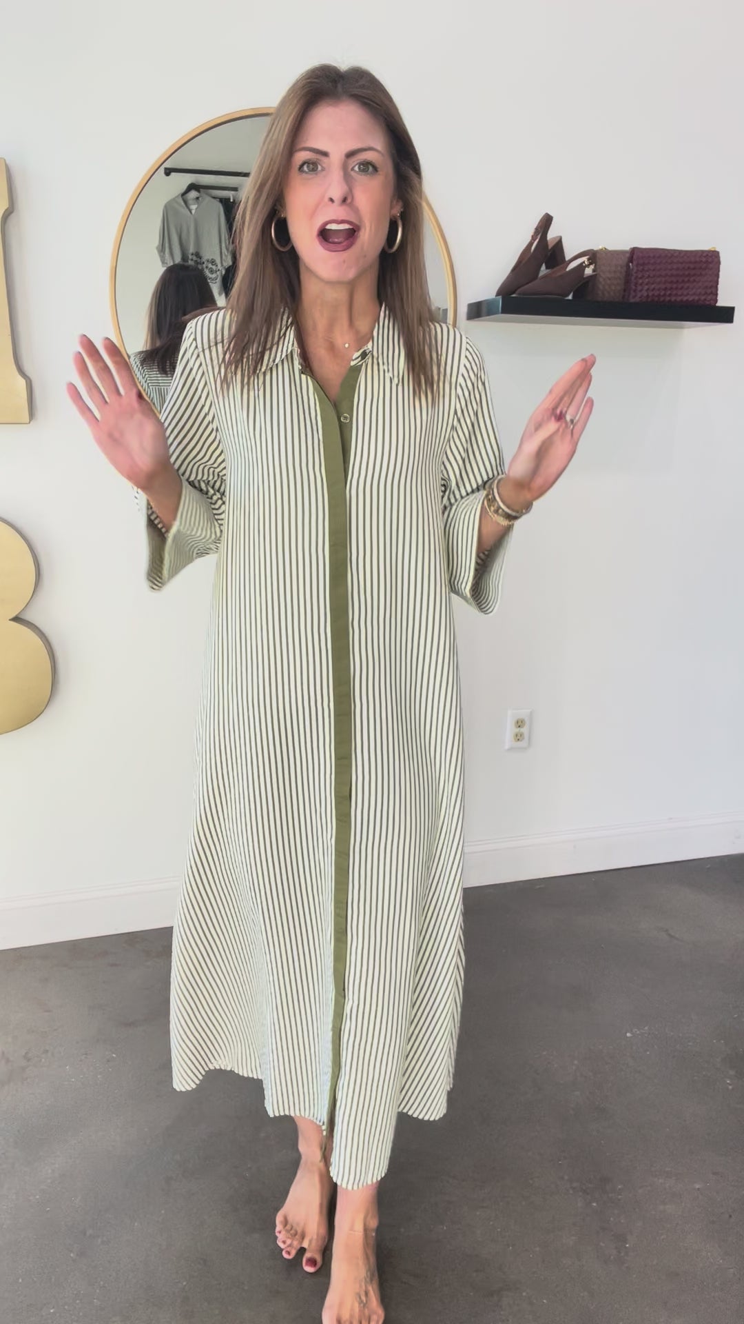 Contrast Front Striped Maxi Dress - Olive