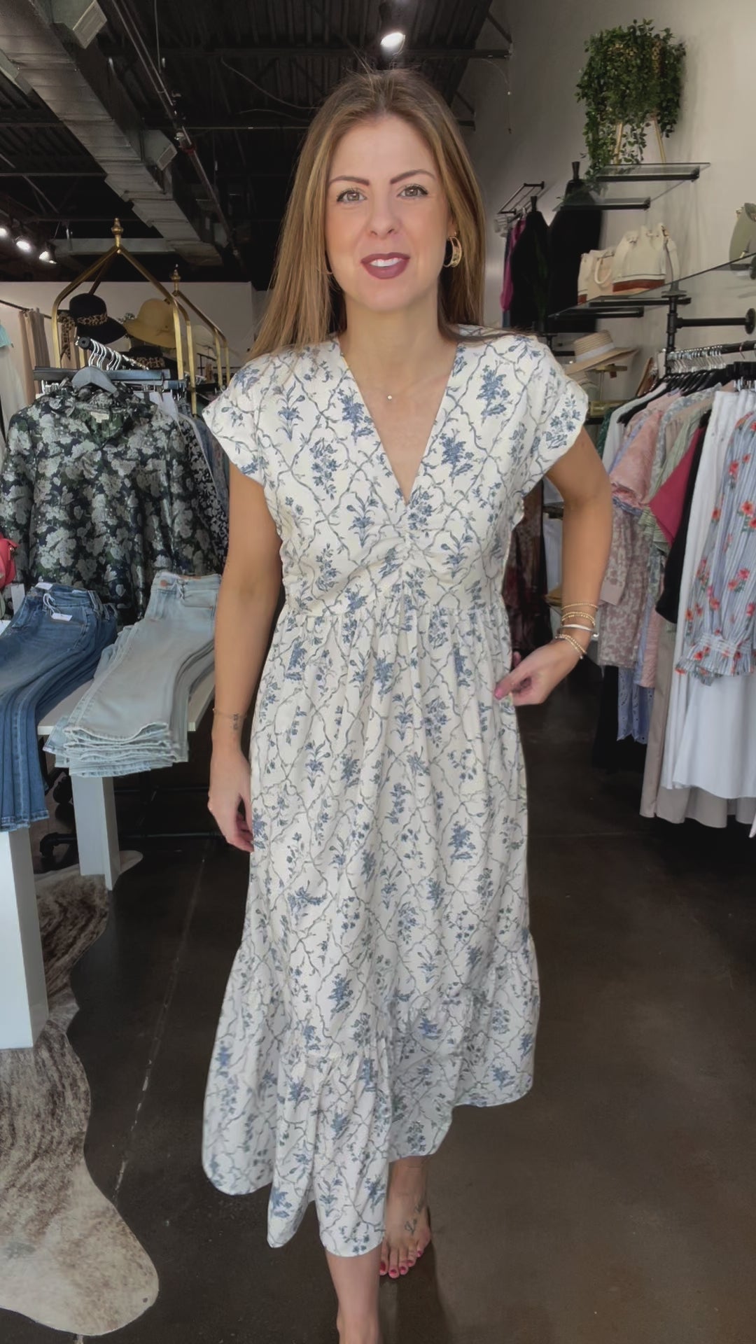 Floral Cinch Front Midi Dress - White/Blue