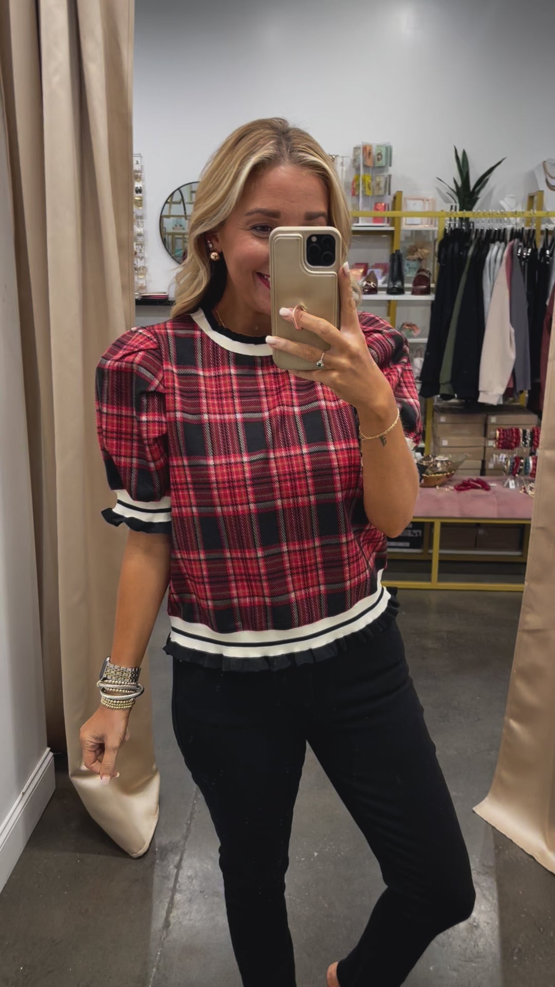 Trim Detail Plaid Top - Red