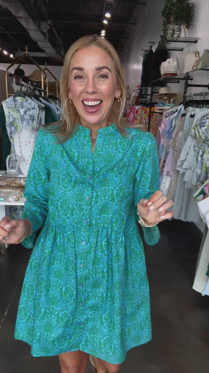 Printed Button Down Dress - Teal