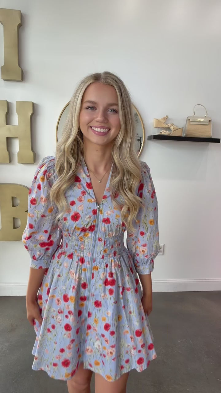 Smocked Waist Floral Dress - Blue