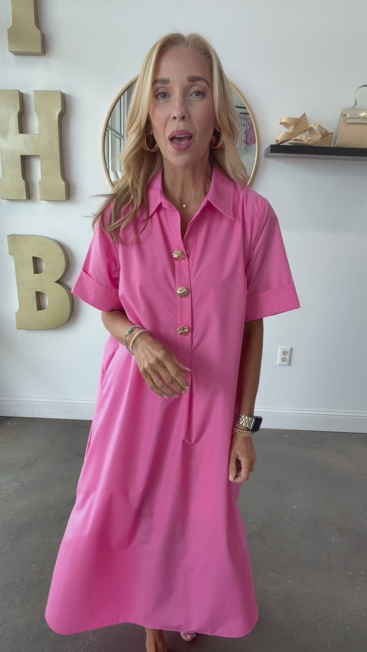 Button Detail Midi Dress - Pink