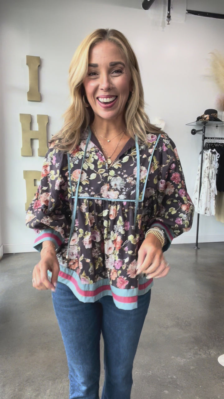 Contrast Trim Floral Top - Chocolate