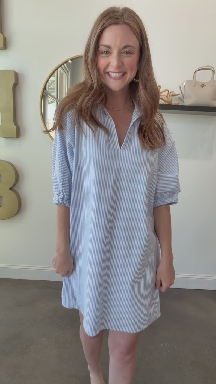 Drop Shoulder Seersucker Dress - Sky
