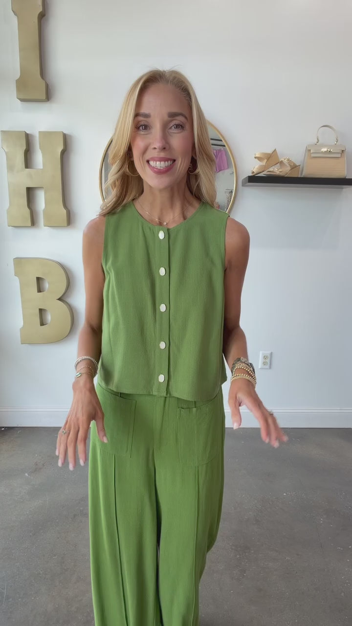 Linen Blend Wide Leg Pants - Green