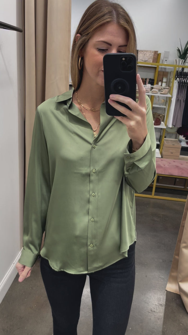 Satin Button Down - Olive