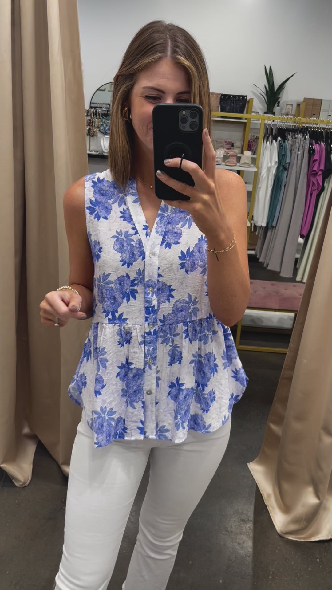 Button Front Floral Tank - White/Blue