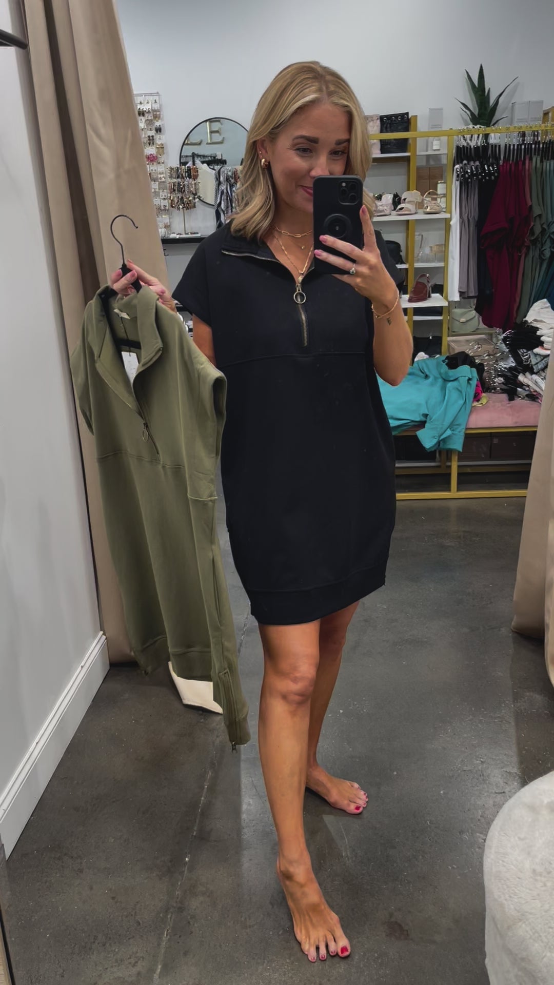 Quarter Zip Cap Sleeve Dress - Olive