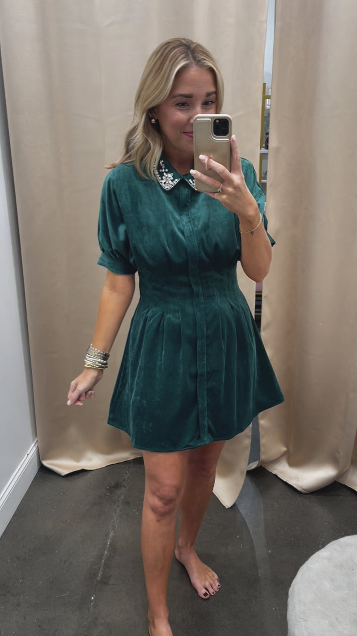 Rhinestone Collar Dress - Hunter Green