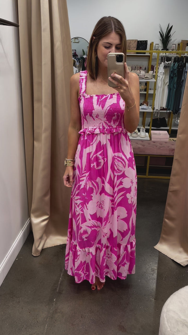 Tropical Smocked Maxi Dress - Pink