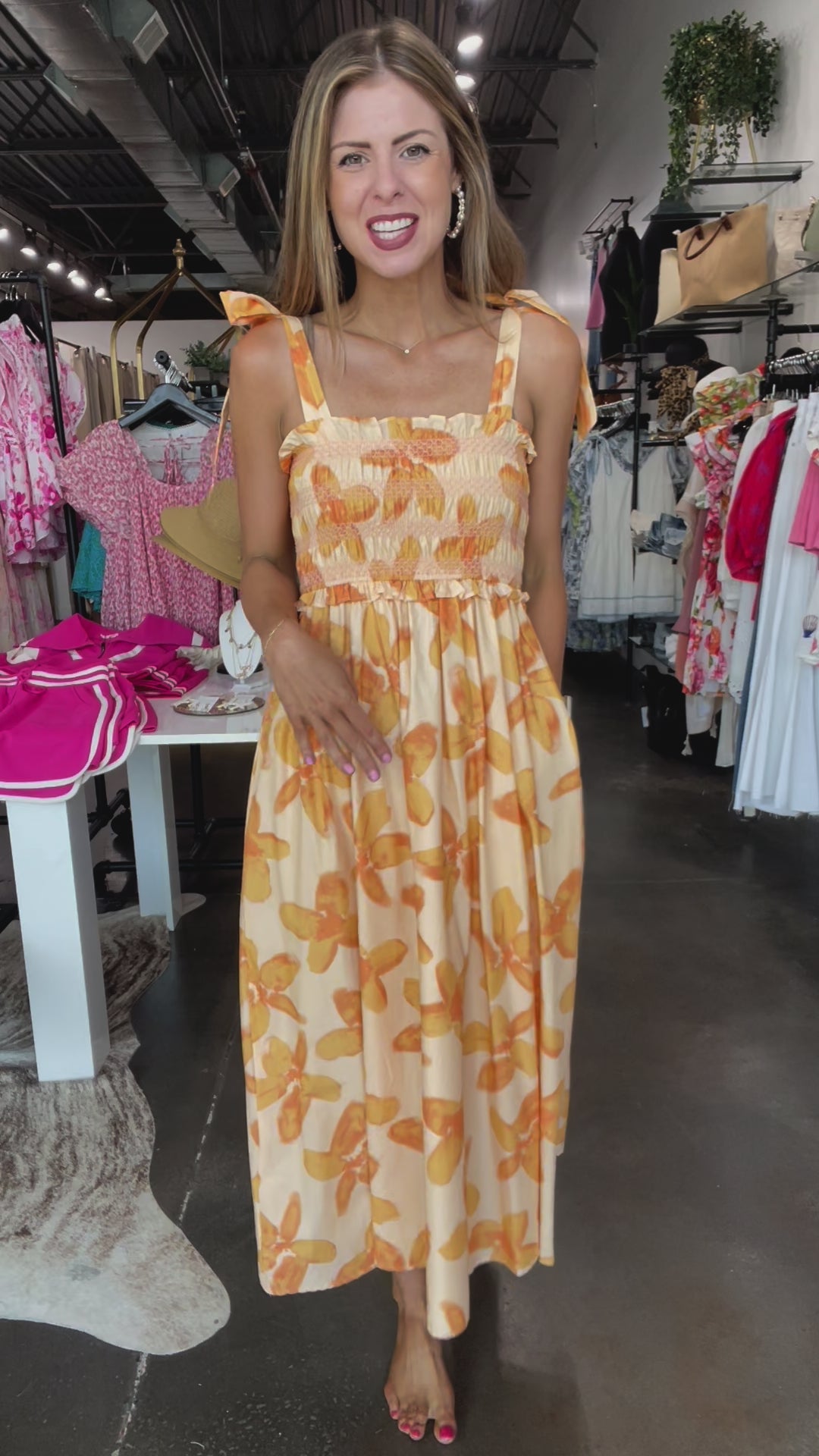 Floral Print Smocked Midi Dress - Orange