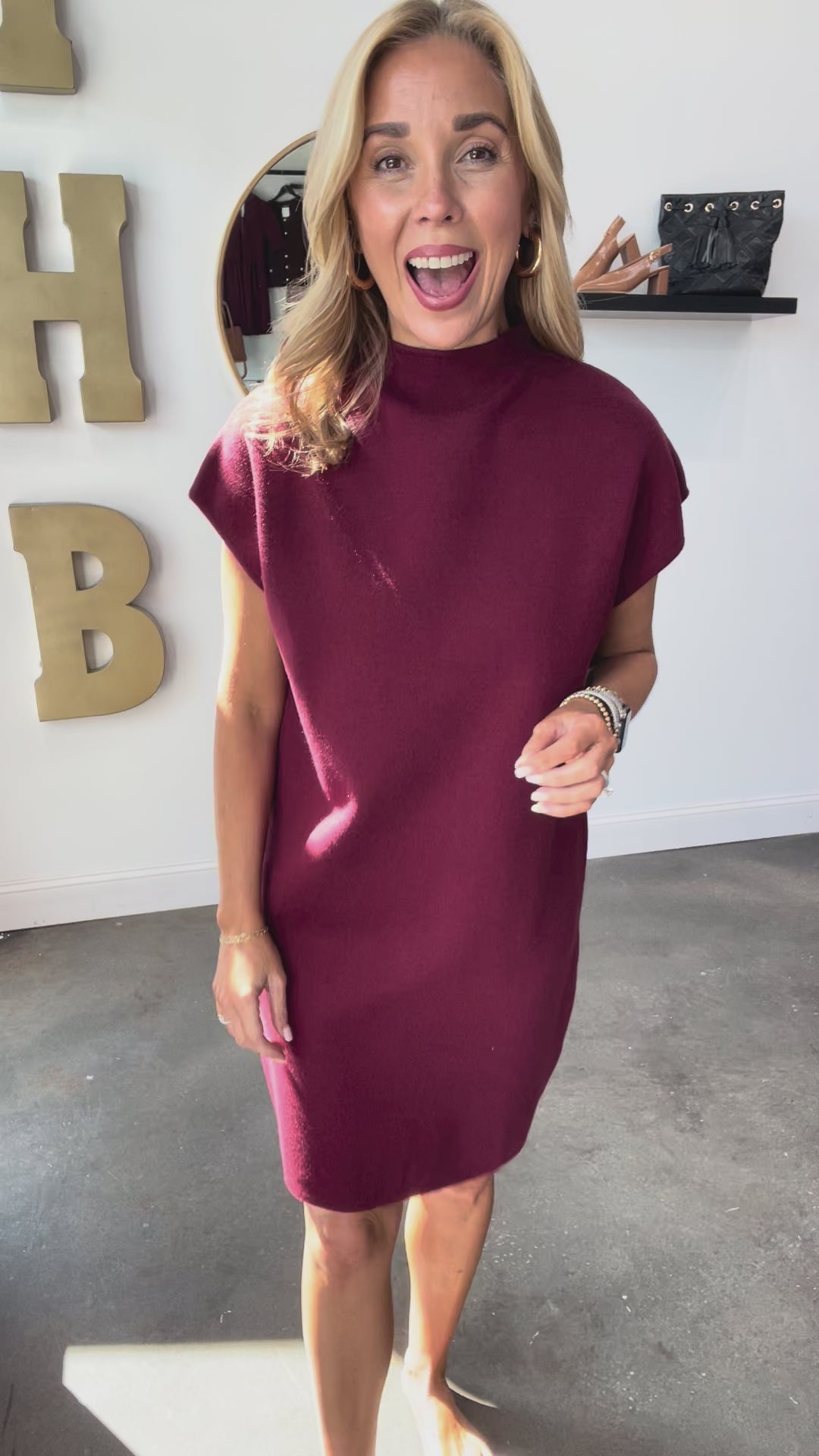 Mock Neck Shift Knit Dress - Burgundy