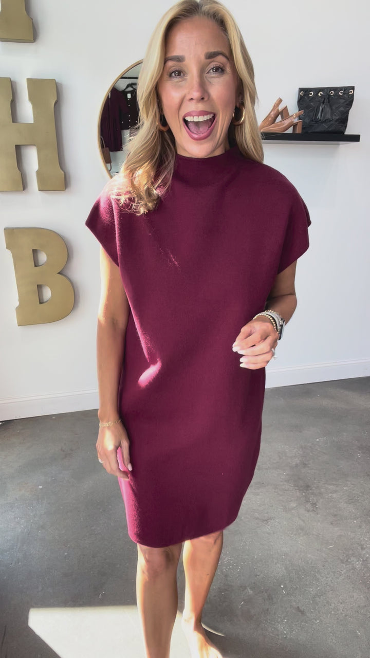 Mock Neck Shift Knit Dress - Burgundy