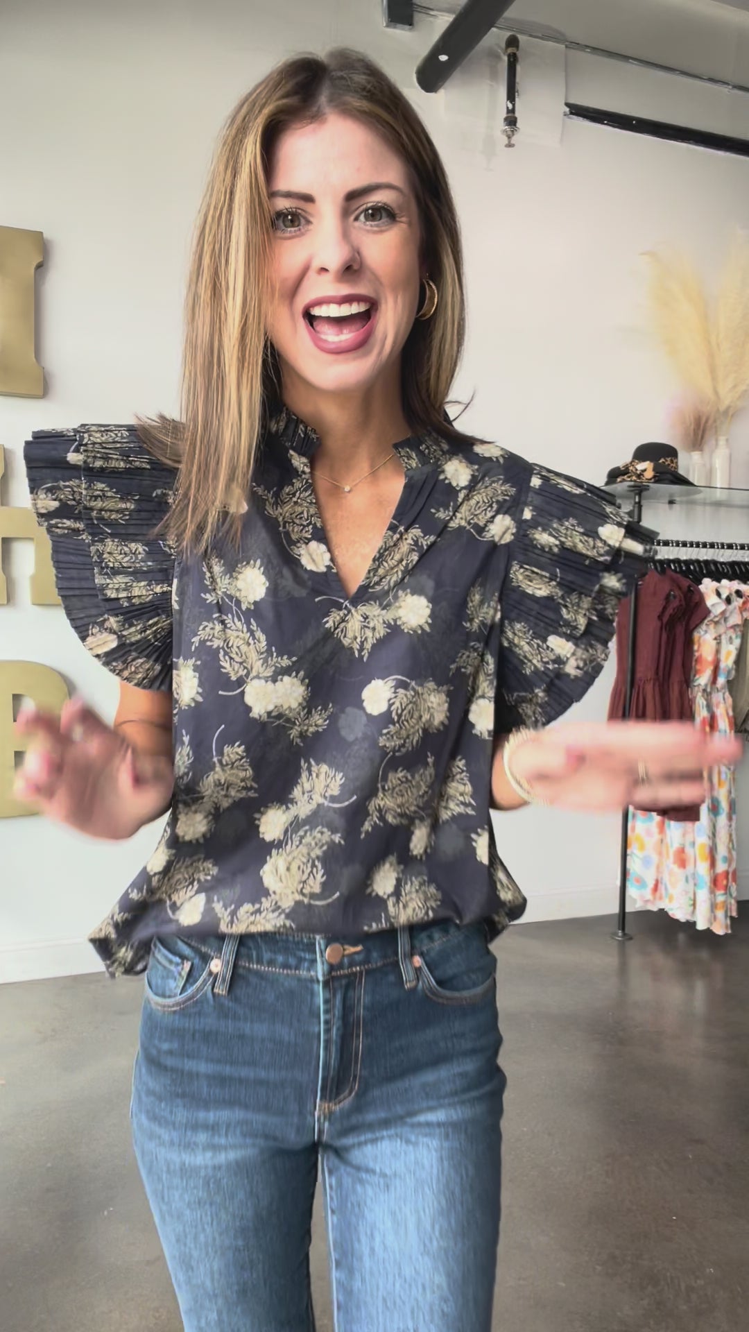 Pleated Sleeve Top - Navy