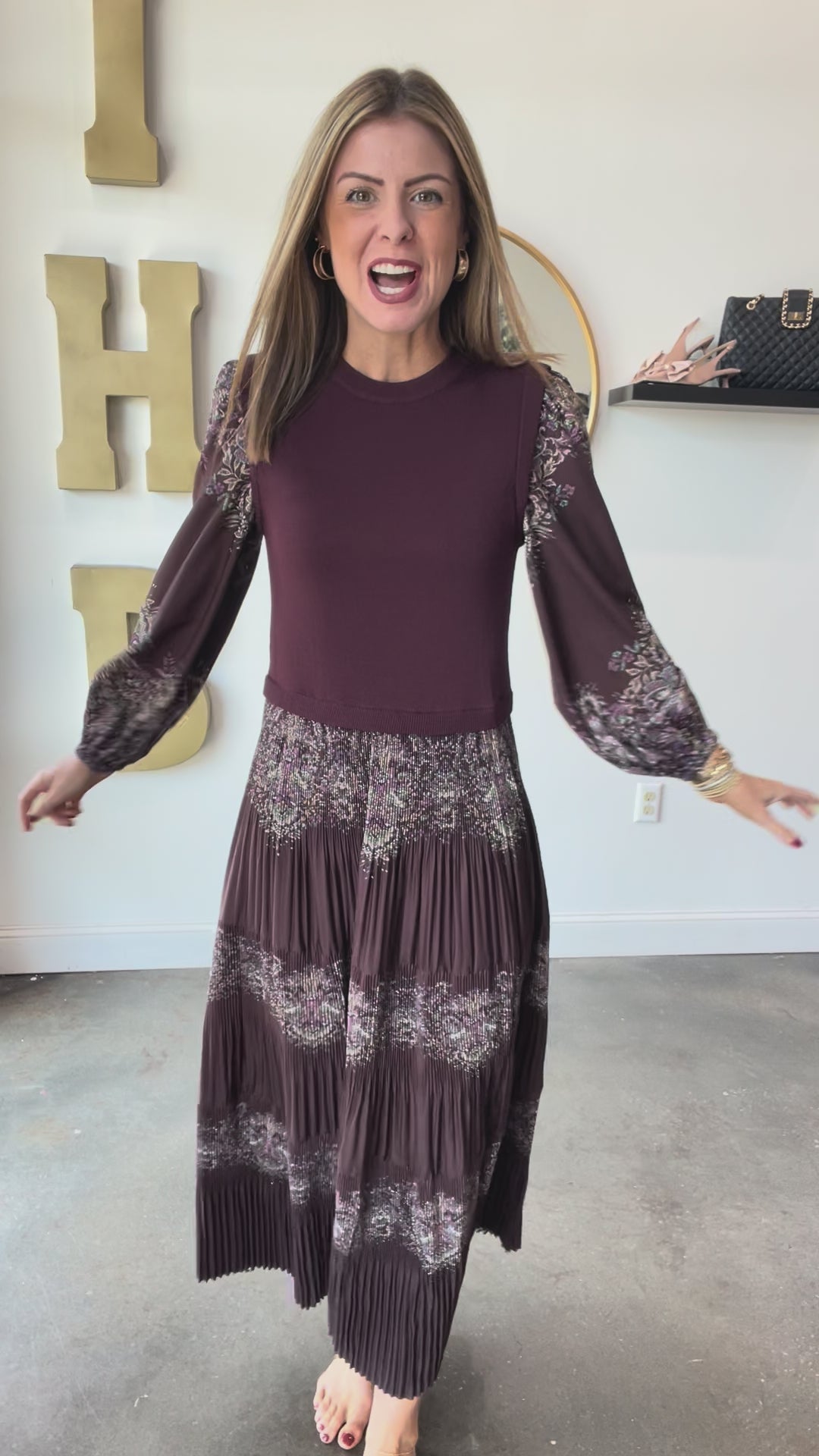 Mixed Media Printed Maxi Dress - Burgundy