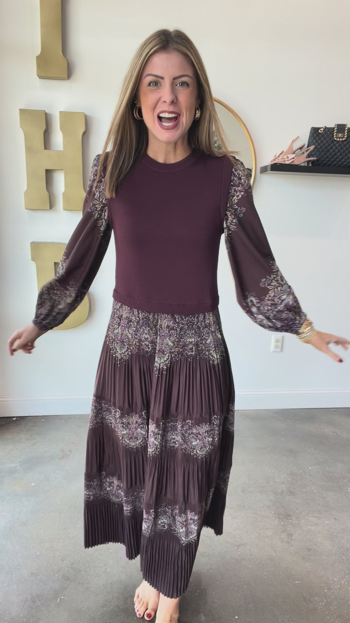 Mixed Media Printed Maxi Dress - Burgundy