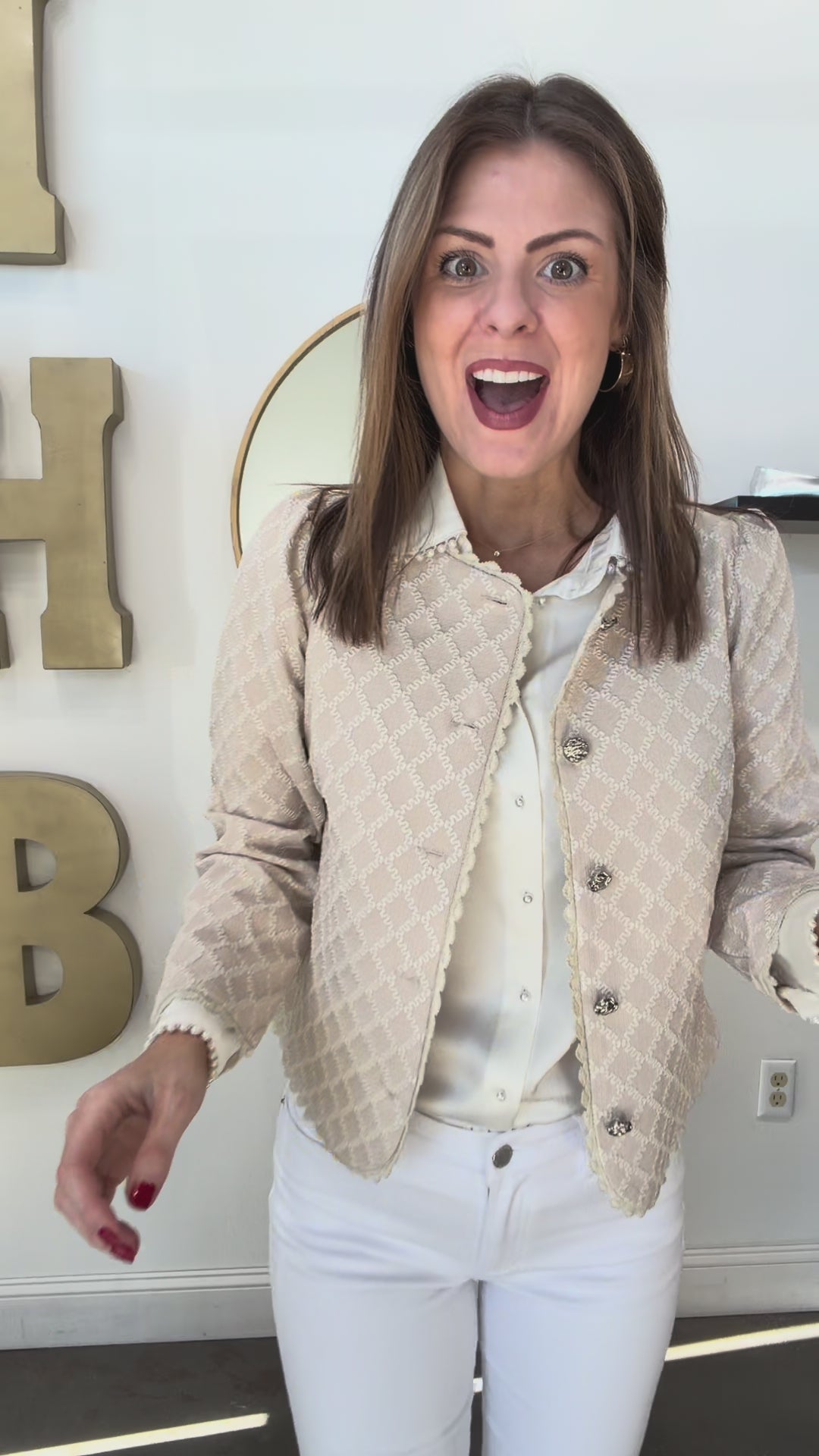 Textured Button Front Jacket - Cream/Ivory