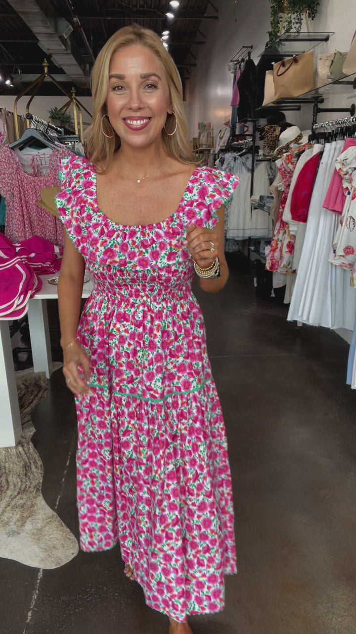 Ruffle Shoulder Floral Dress - Pink