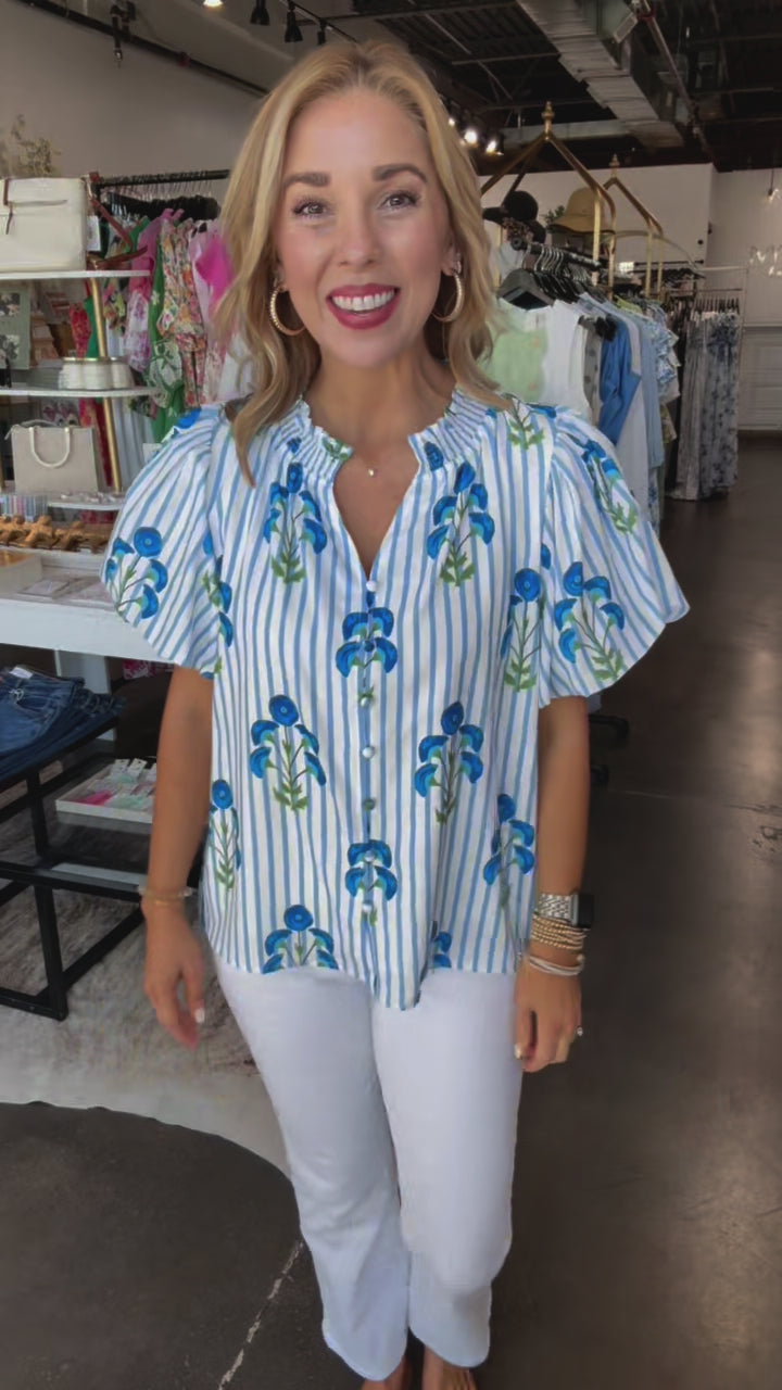 Button Down Floral Striped Top - Blue