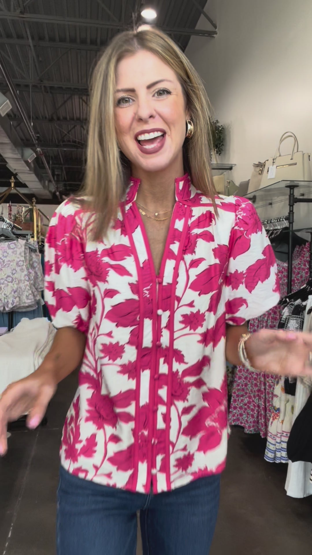 Button Front Printed Top - Dark Pink
