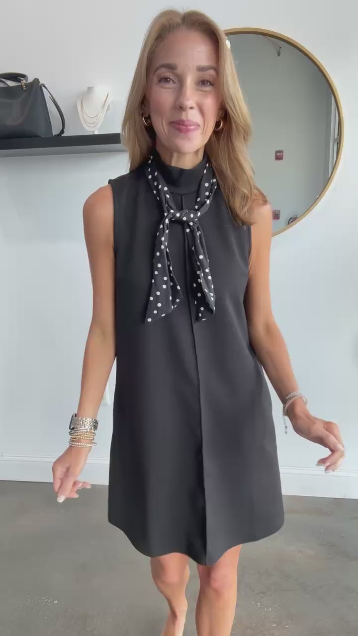 Mock Neck Scarf Dress - Black