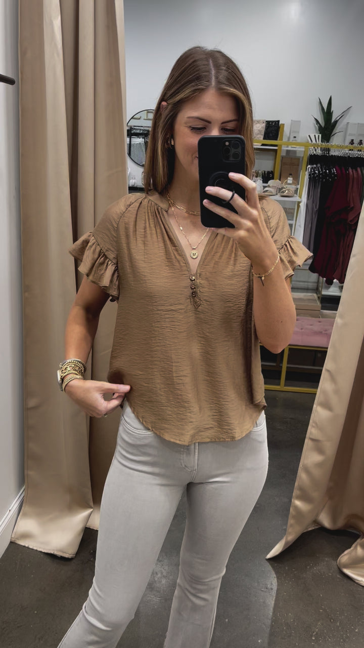 Ruffle Sleeve Drop Shoulder Top - Latte