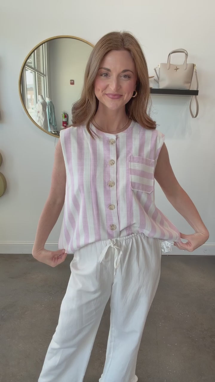 Striped Button Front Top - Pink