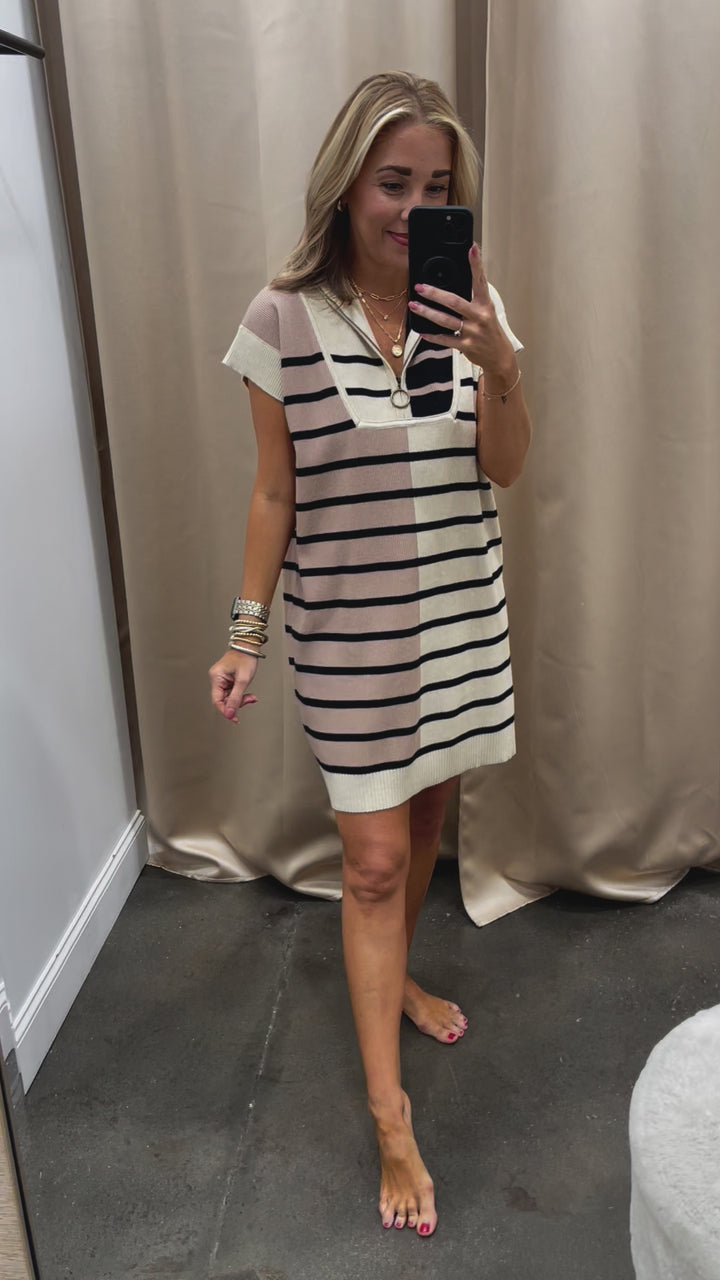 Quarter Zip Striped Color Block Dress - Cream