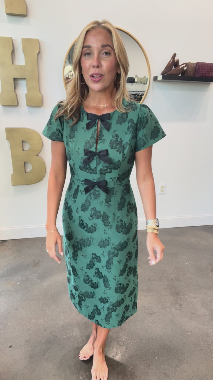 Bow Front Jacquard Midi dress - Green