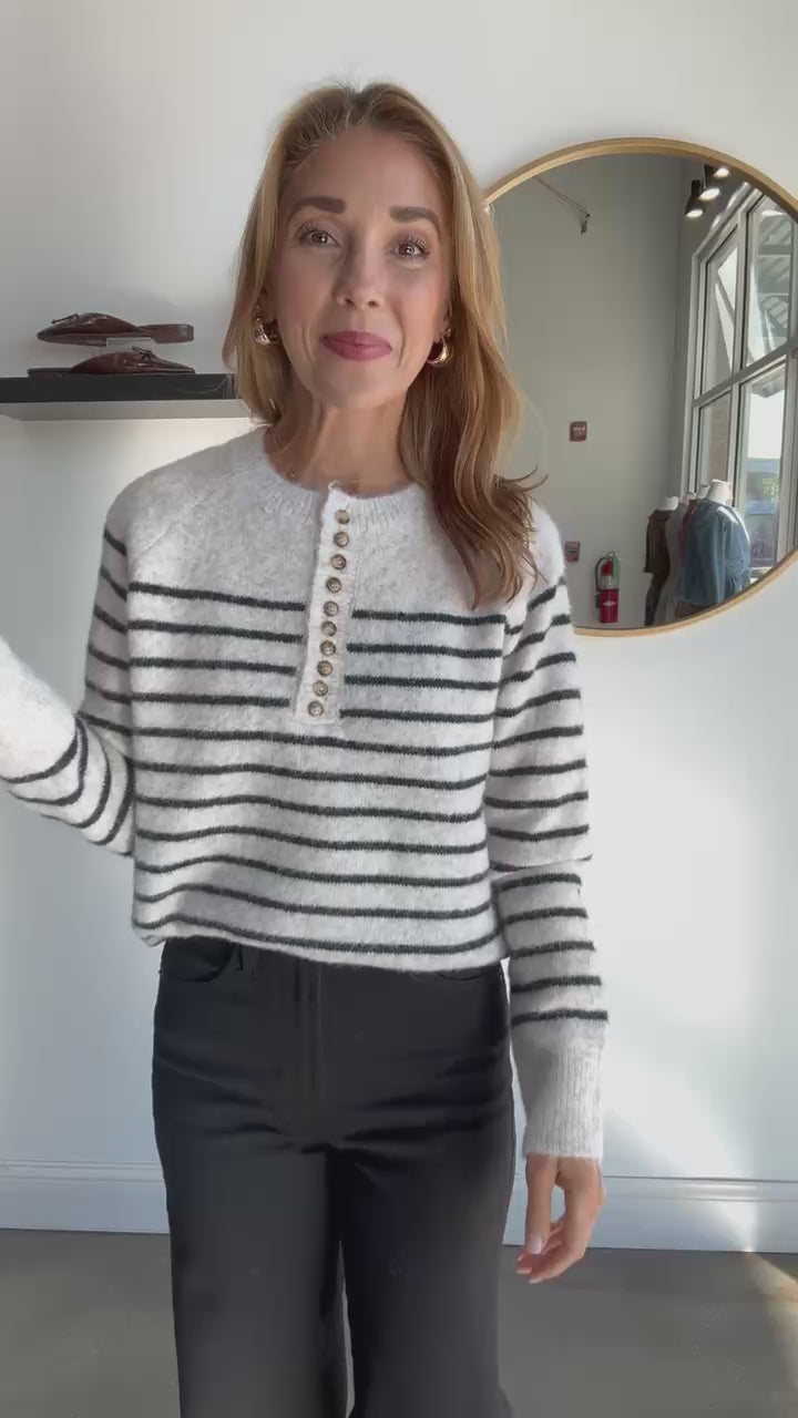 Button Front Striped Sweater - Blue