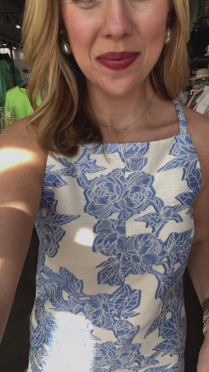Halter Flower Embroidered Dress - Blue
