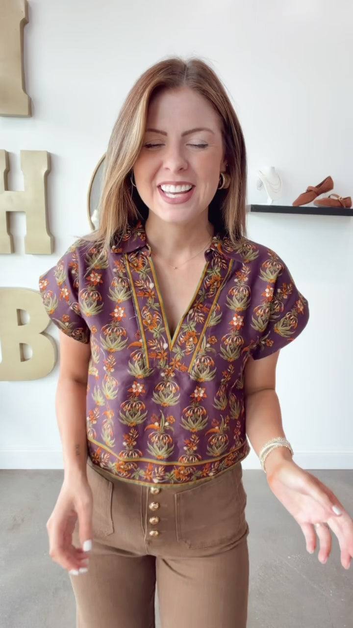 Printed V Neck Top - Eggplant