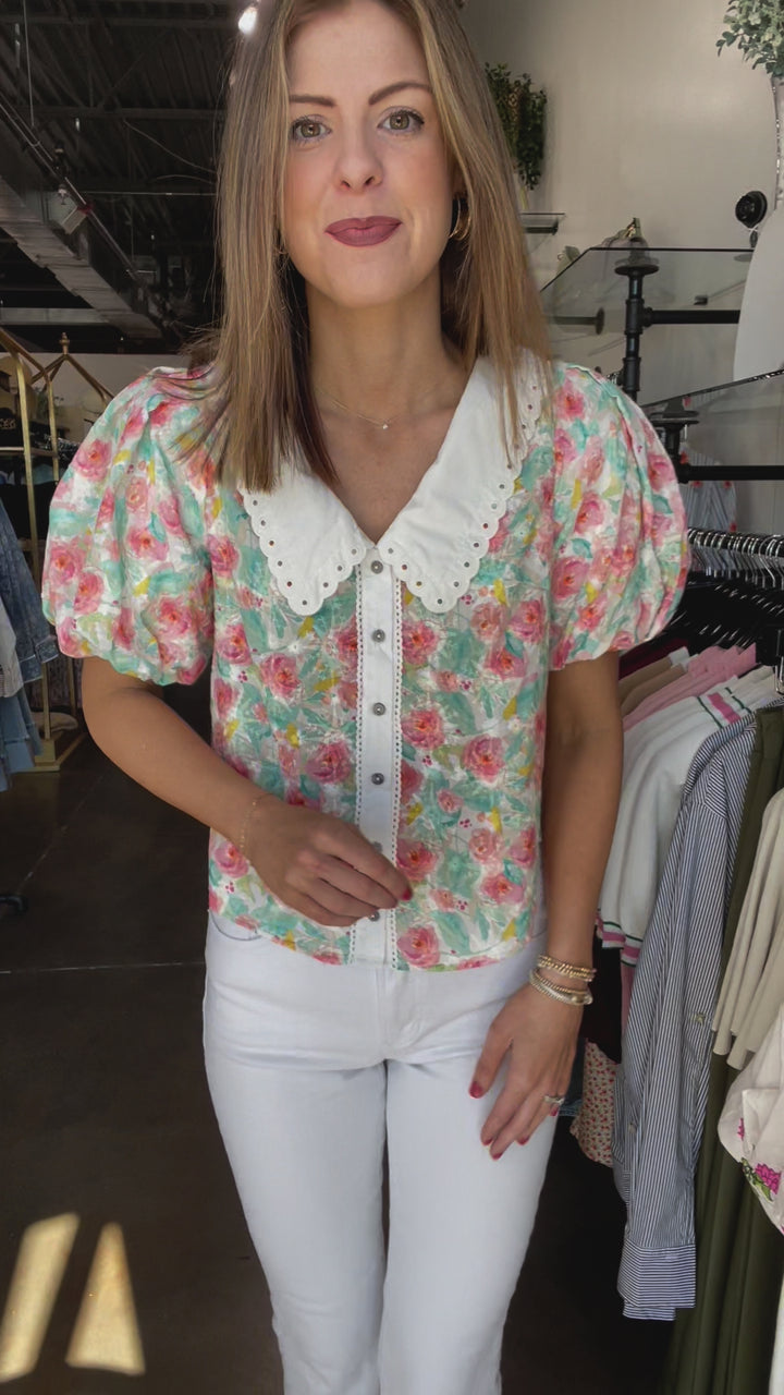 White Trim Floral Top - Multi