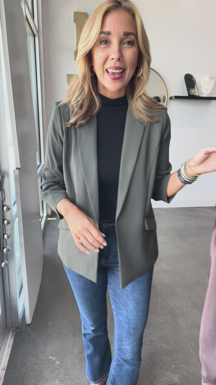 Scrunched Sleeve Blazer - Dark Green