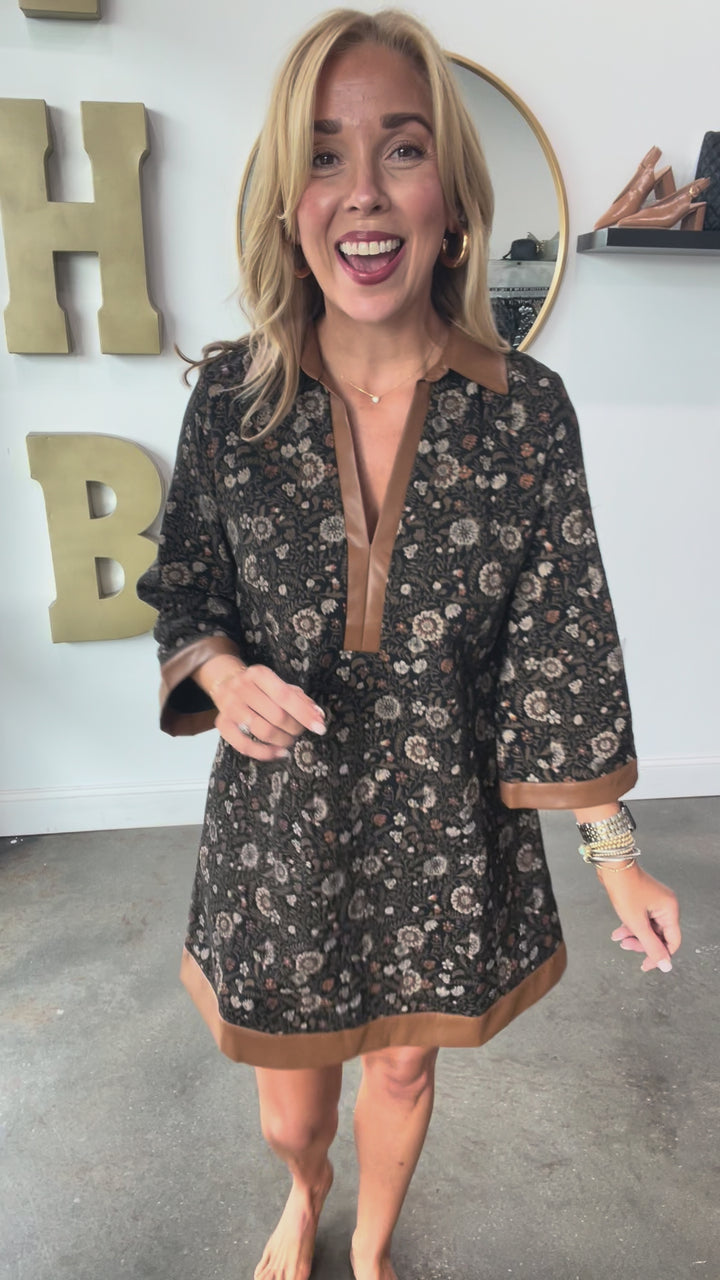 Leather Trim Printed Dress - Black