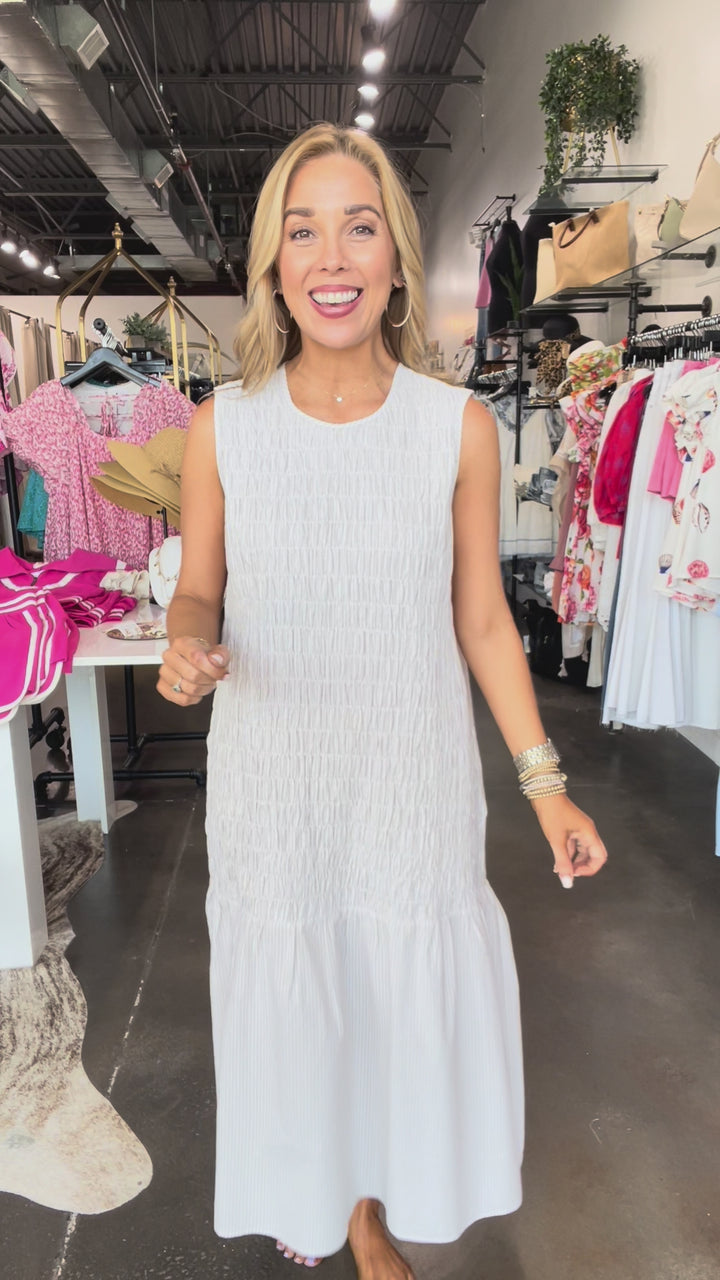 Smocked Bodice Drop Waist Midi Dress