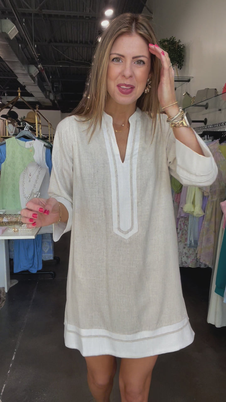 White Trim Linen Shift Dress - Natural
